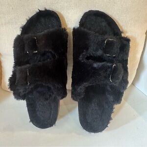 Fuzzy Black Slide Sandals
